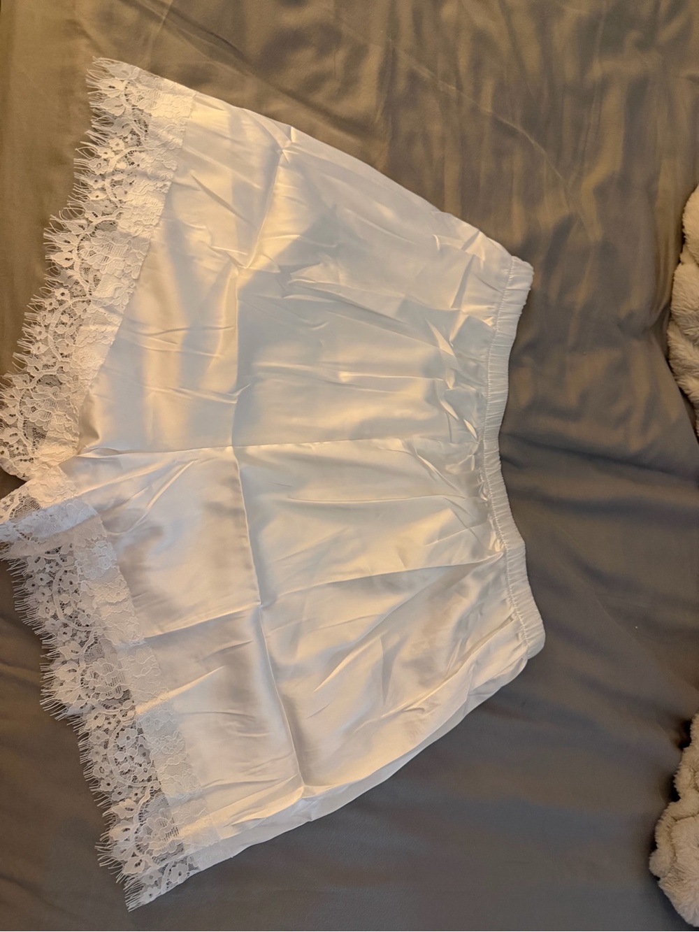 White Lace-Trim Satin Shorts - Women's